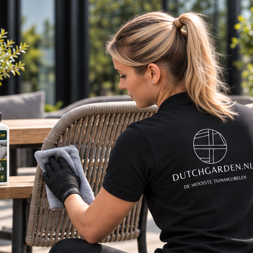 Medewerker reinigt een gevlochten tuinstoel met een doek tijdens tuinmeubelonderhoud op locatie.
