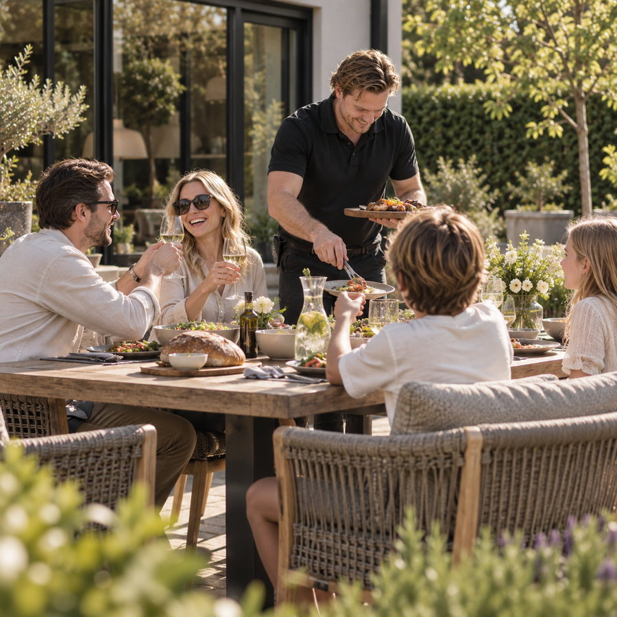 Gezelschap geniet aan een houten tuintafel met gevlochten tuinstoelen in de tuin.