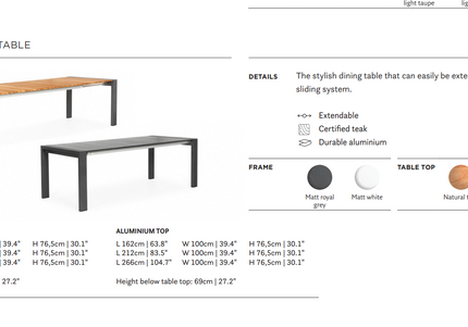 SUNS tuinmeubelen Tuintafel Rialto | Aluminium Top | 262/330x100|