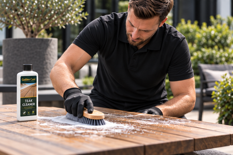 Medewerker reinigt een teakhouten tuintafel met een handborstel en reinigingsmiddel op het terras.