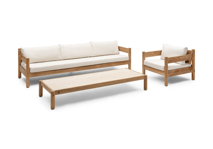 Wolfwood tuinmeubelen Piloti  salon tafel met travertine blad