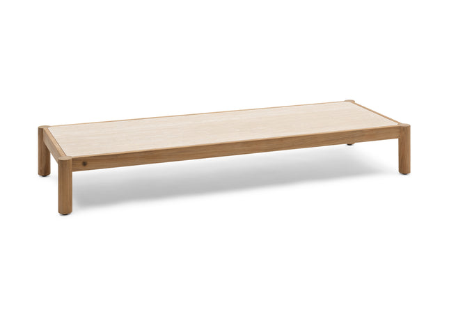 Wolfwood tuinmeubelen Piloti salontafel met travertineblad