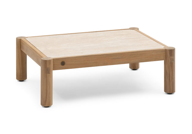 Wolfwood tuinmeubelen Piloti salontafel met travertineblad