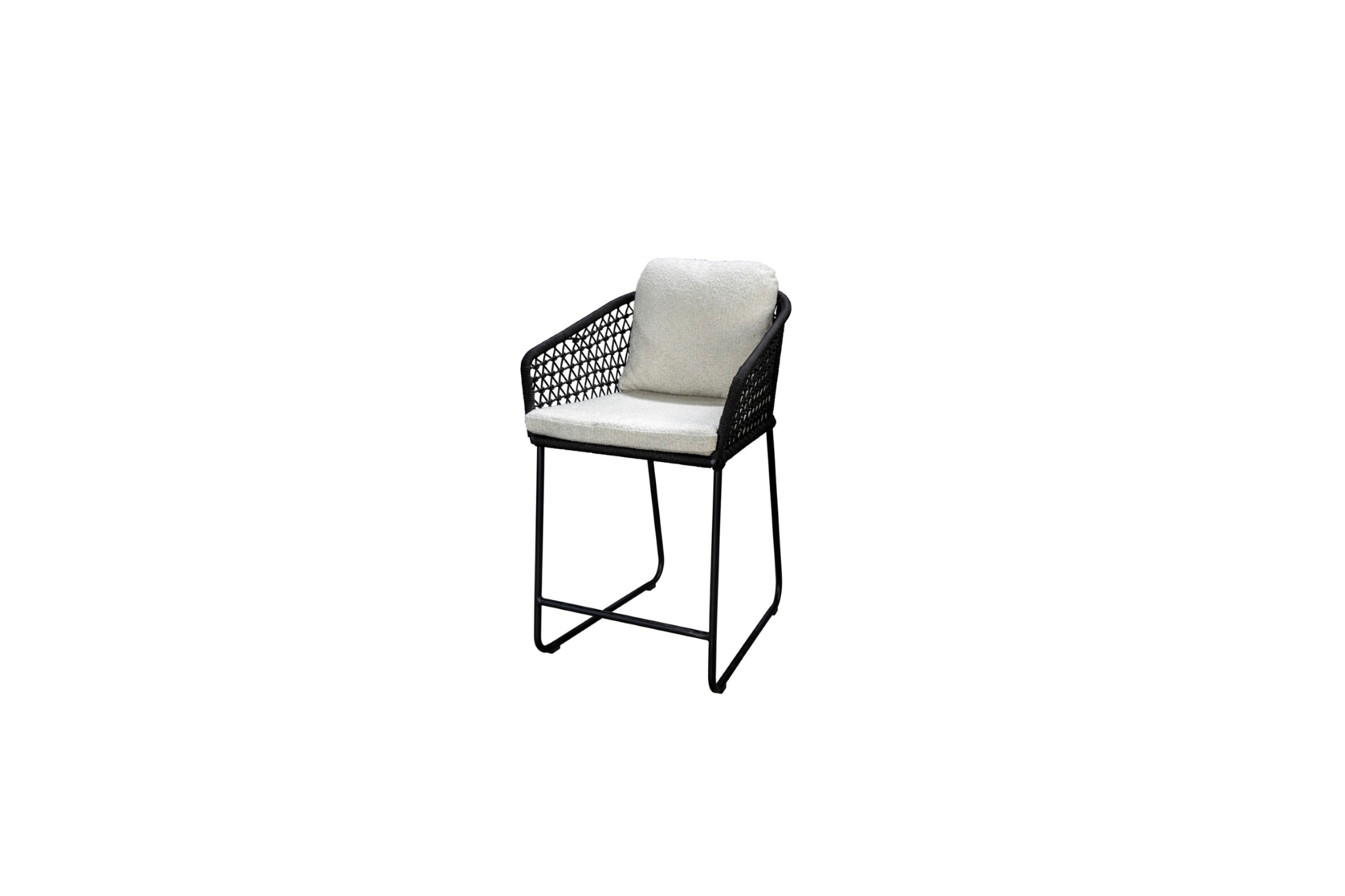 Frame in aluminium zwart met zwarte touw en kussens in wol wit
